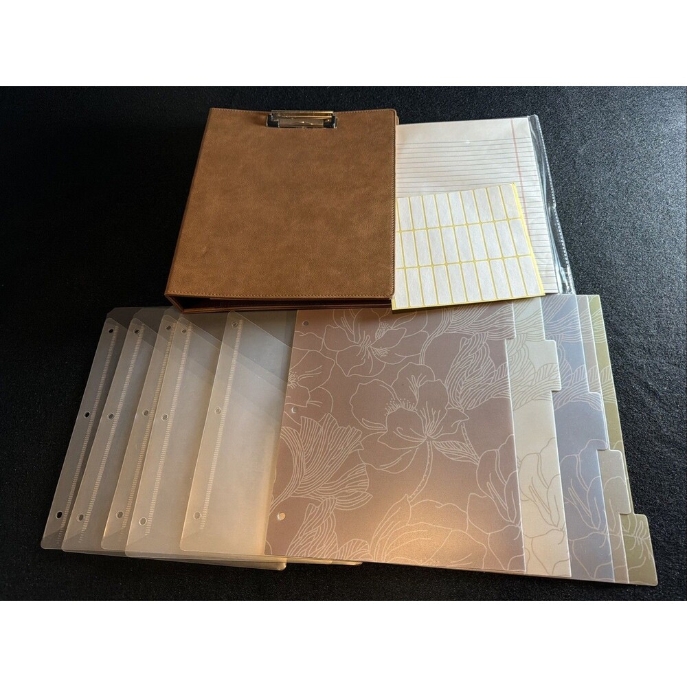 Stationery Bundle - Brown Clipboard Portfolio Folio & Clear Floral Tab Dividers